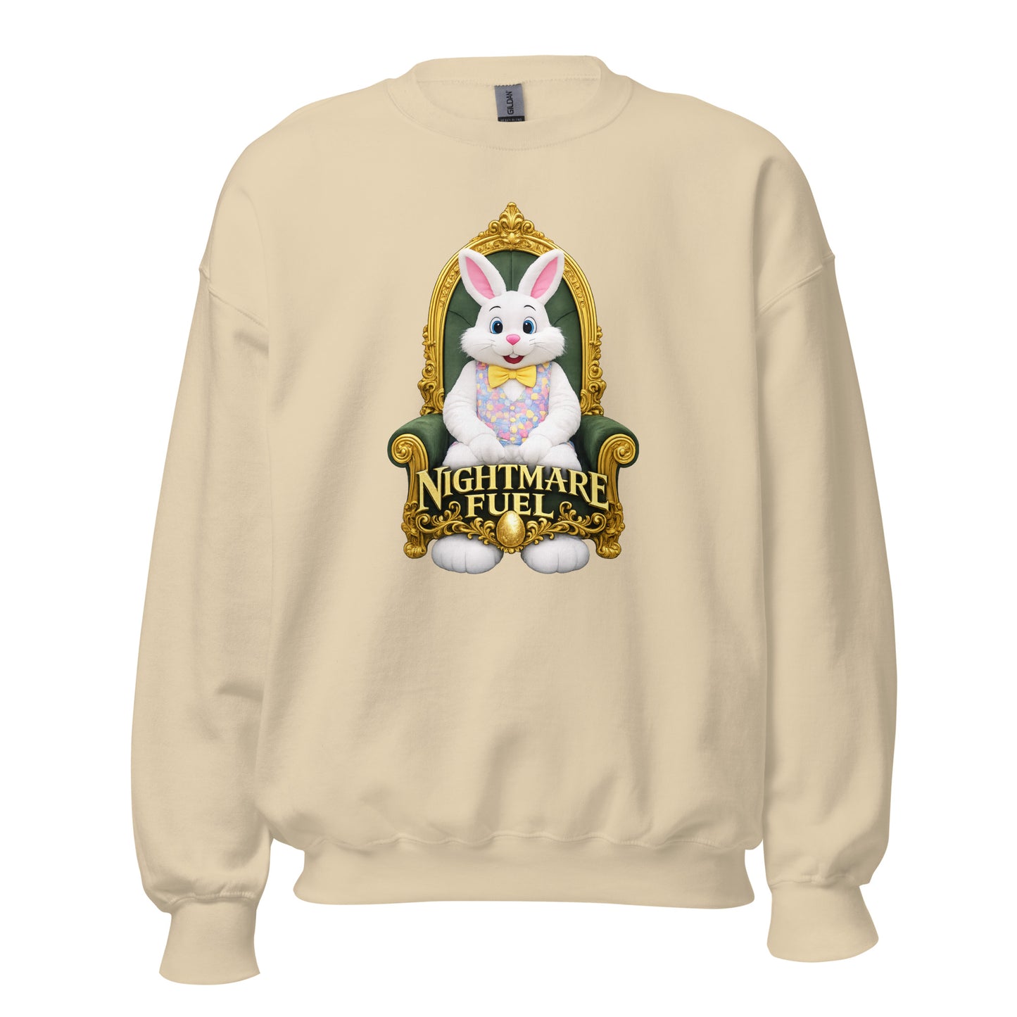 Sand unisex sweatshirt with a bunny sitting on a chair graphic with 'nightmare fuel' text – Boozie Adams