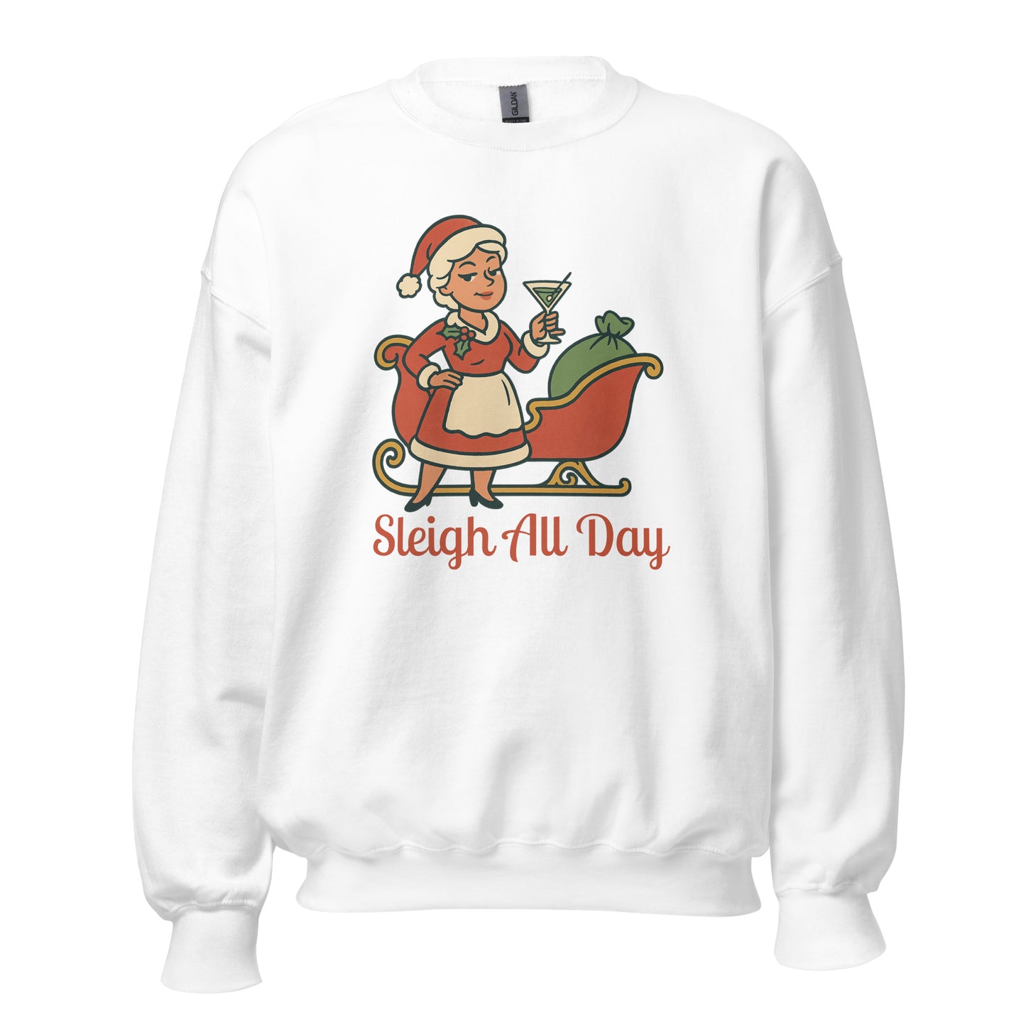 White sweatshirt with a Mrs Claus and sleigh graphic and text 'Sleigh All Day' in red – Boozie Adams