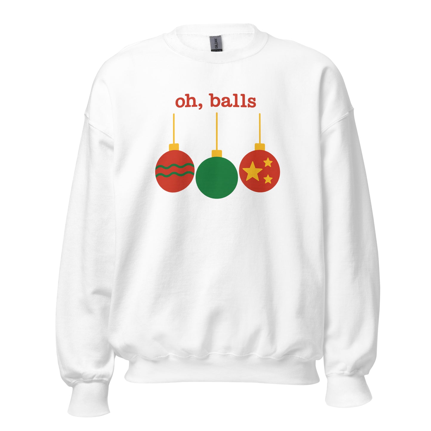 White sweatshirt with Christmas ornament design and text 'oh, balls' in red – Boozie Adams