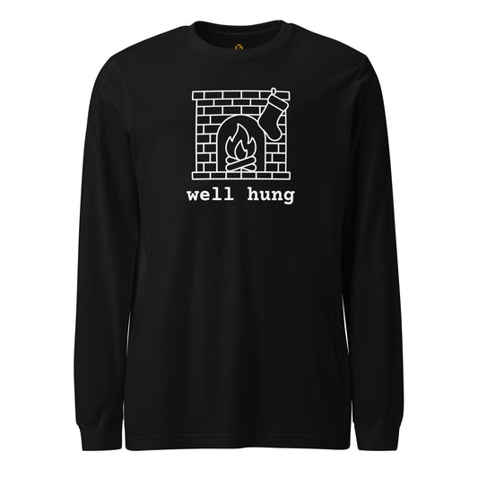 Black long-sleeve shirt with a stocking hung on a fireplace graphic and 'well hung' text – Boozie Adams