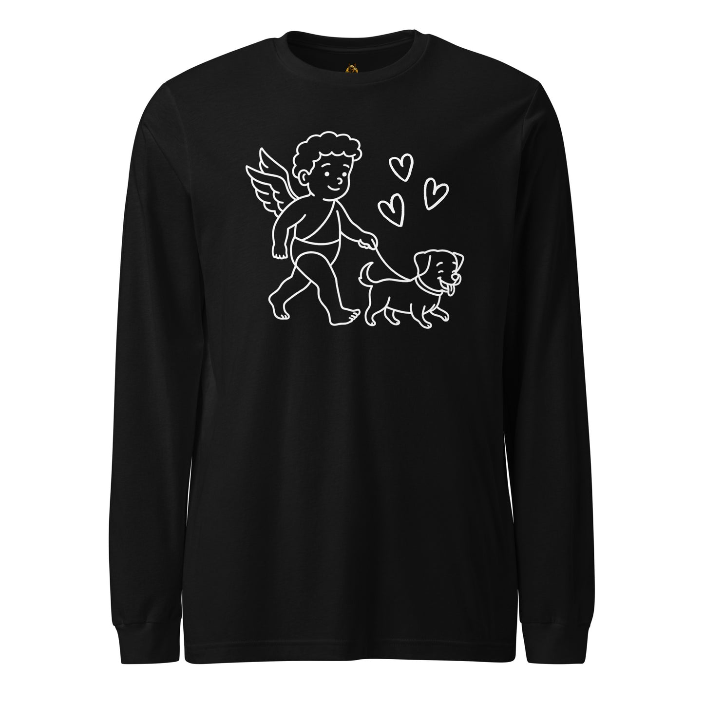 Black unisex long-sleeve shirt with white graphic of cupid walking a dog, surrounded by hearts – Boozie Adams