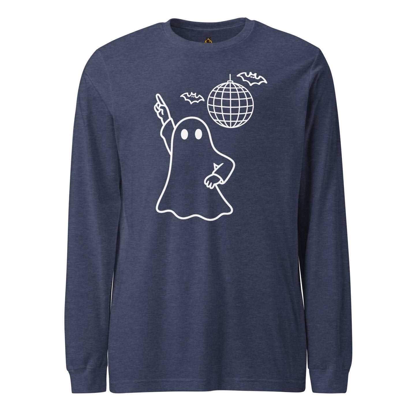 Navy unisex long sleeve t-shirt with white graphic of ghost dancing by disco ball – Boozie Adams