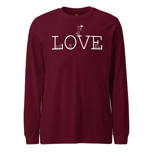 Maroon unisex long-sleeve shirt with 'LOVE' text with dogs – Boozie Adams