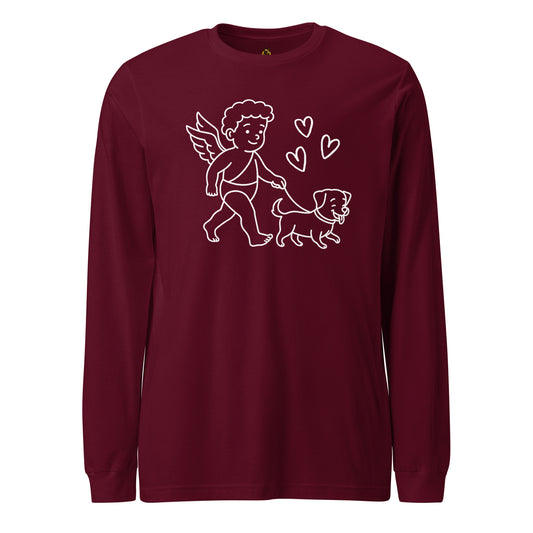 Maroon unisex long-sleeve shirt with white graphic of cupid walking a dog, surrounded by hearts – Boozie Adams