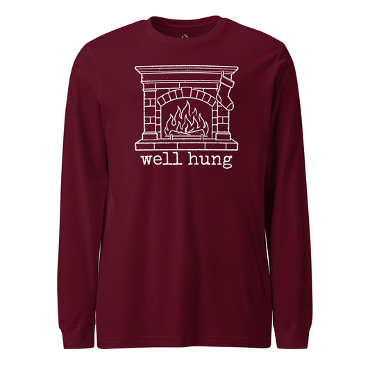 Maroon unisex long sleeve t-shirt with graphic of stocking hanging from fire place with 'well hung' text – Boozie Adams
