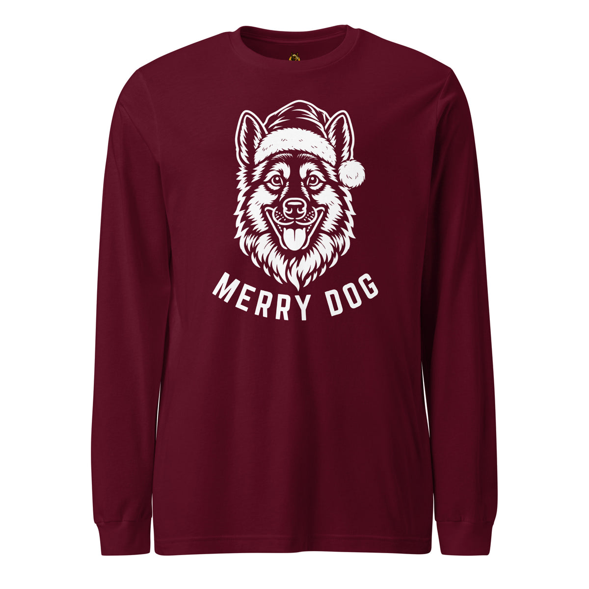 Maroon unisex long sleeve t-shirt with image of dog wearing santa hat and 'Merry Dog' text – Boozie Adams