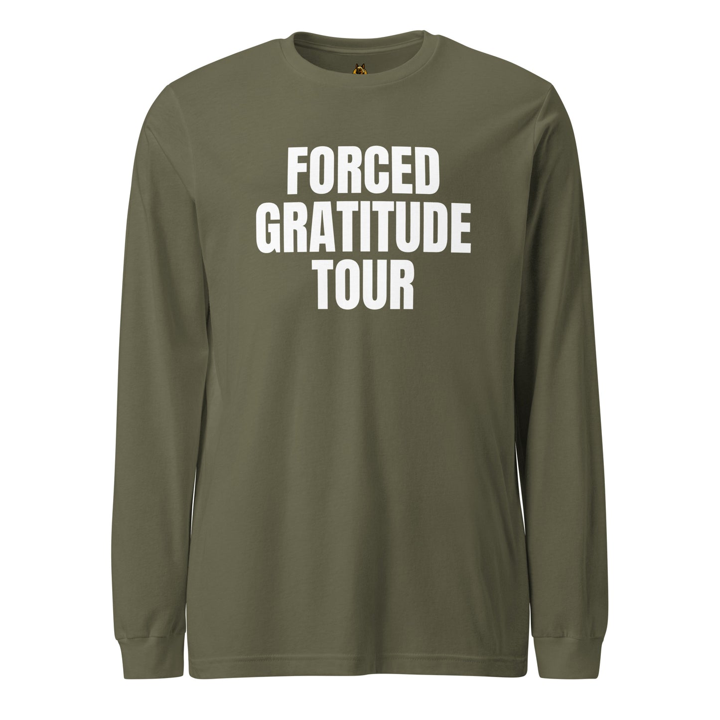 Military green long-sleeve unisex shirt with 'FORCED GRATITUDE TOUR' text – Boozie Adams