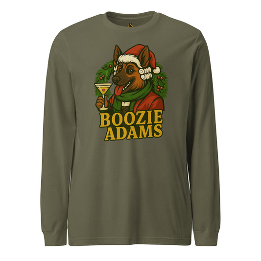 Military greeen long-sleeve unisex shirt with a graphic Boozie Adams holding a martini in front of a holiday wreath – Boozie Adams