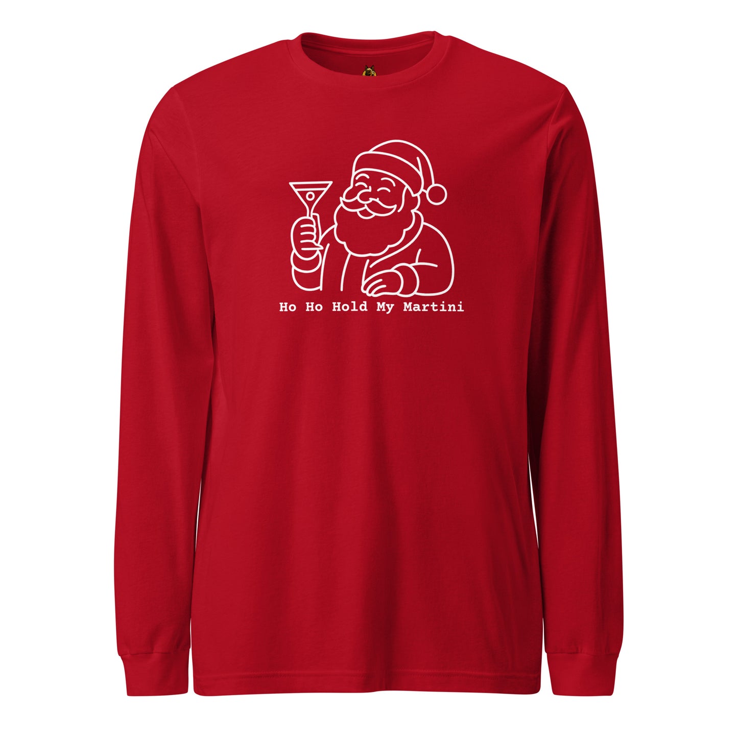 Red long-sleeve shirt with a graphic of Santa holding a martini glass and text 'Ho Ho Hold My Martini' in white – Boozie Adams