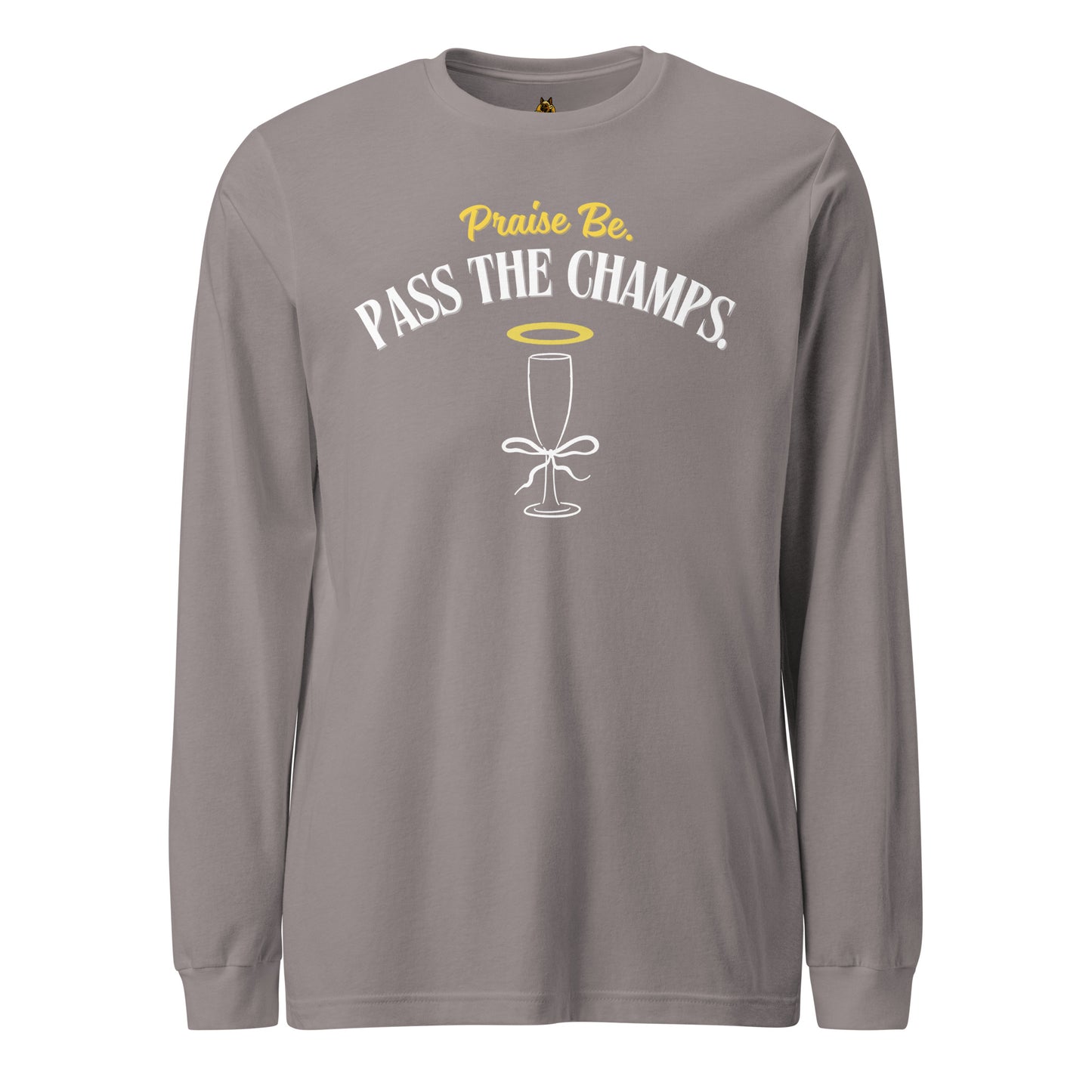 Storm long-sleeve shirt with 'Praise Be, Pass the Champs' text and wine glass graphic – Boozie Adams