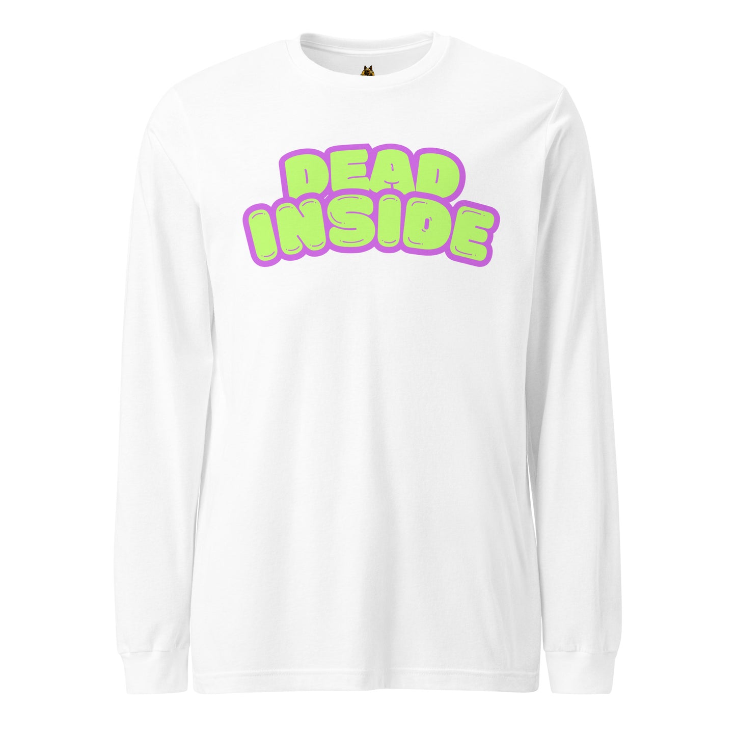 White unisex long sleeve t-shirt with purple and green text 'Dead Inside' – Boozie Adams