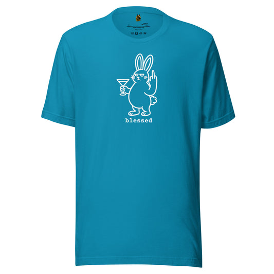 Aqua unisex t-shirt with a white graphic of a rabbit holding a martini glass and flipping the bird with text 'blessed' – Boozie Adams