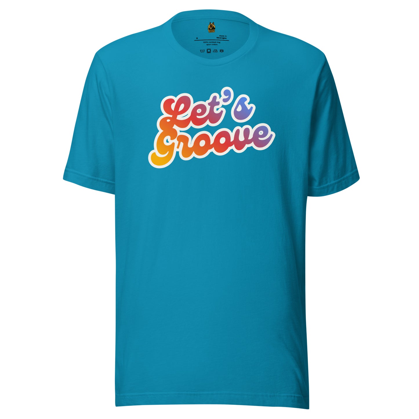 Aqua unisex t-shirt with 'Let's Groove' text in colorful letters – Boozie Adams