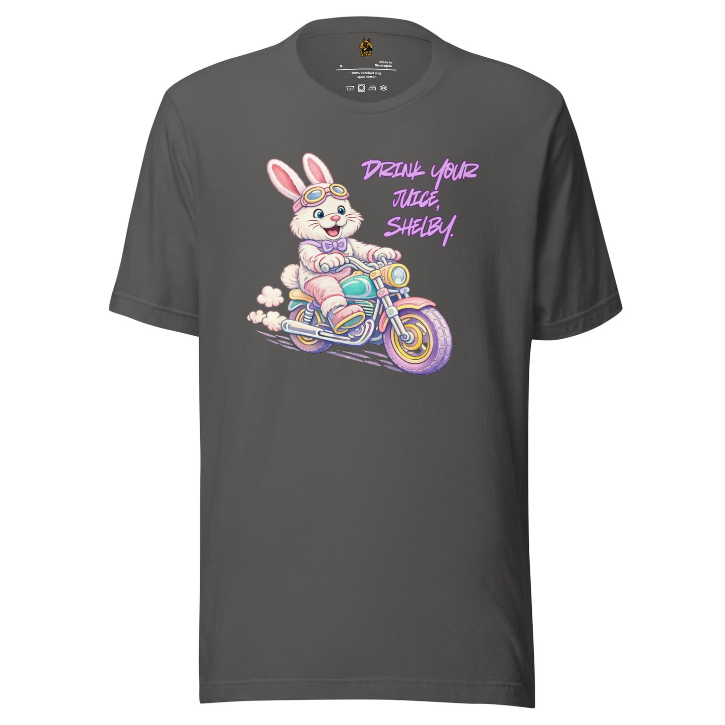 Grey unisex t-shirt with a cartoon bunny on a motorcycle and text 'Drink Your Title Shelby' – Boozie Adams