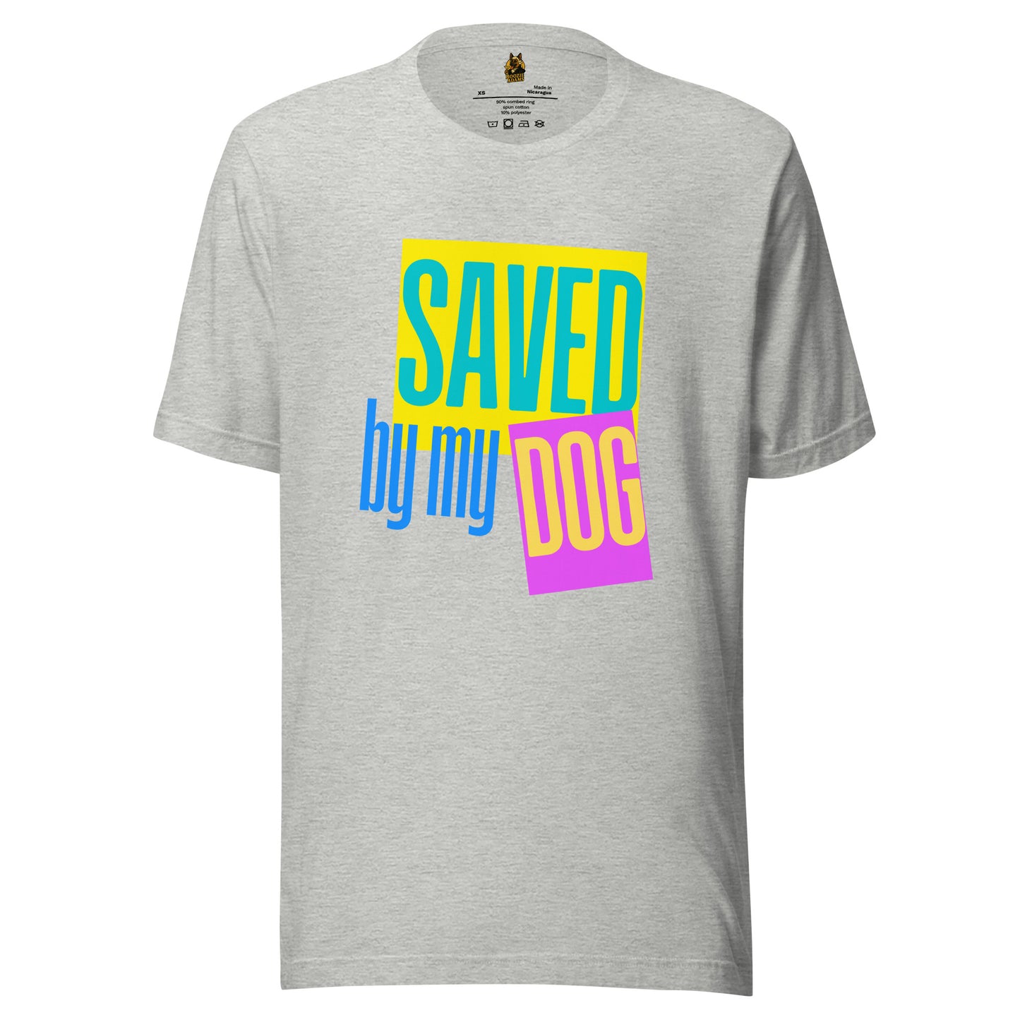 Gray unisex t-shirt with colorful 'Saved by my Dog' text – Boozie Adams