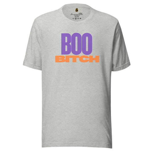 Grey unisex t-shirt with 'BOO BITCH' text in purple and orange – Boozie Adams
