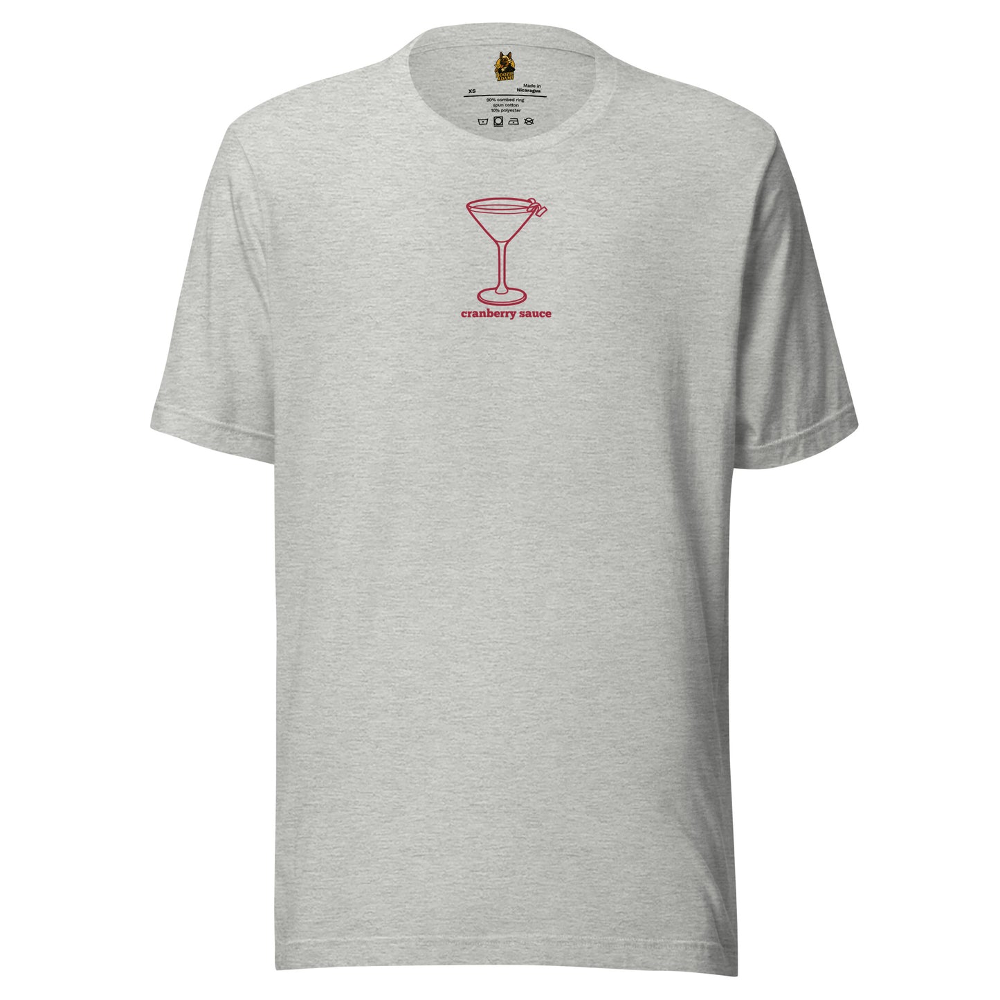 Grey unisex t-shirt with red martini graphic and 'cranberry sauce' text – Boozie Adams