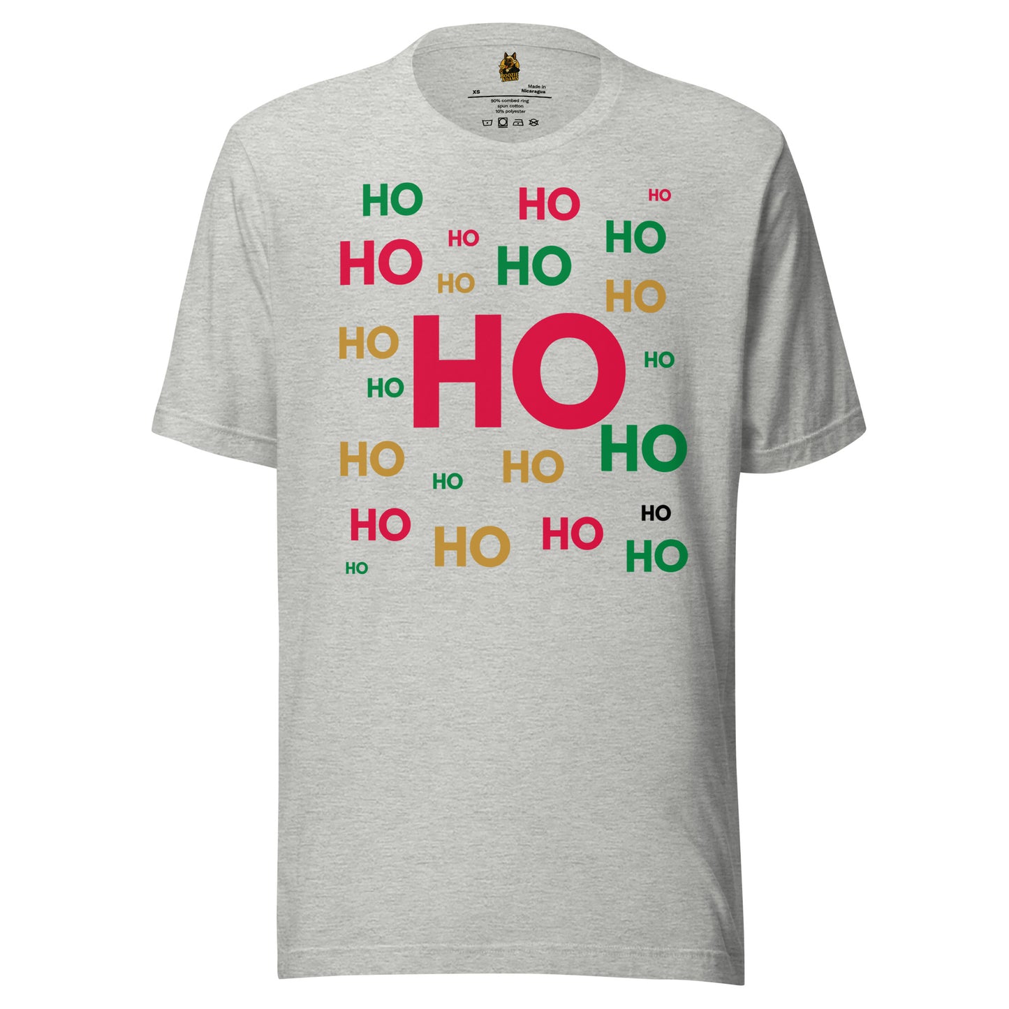 Grey t-shirt with 'HO HO HO' text in various colors – Boozie Adams