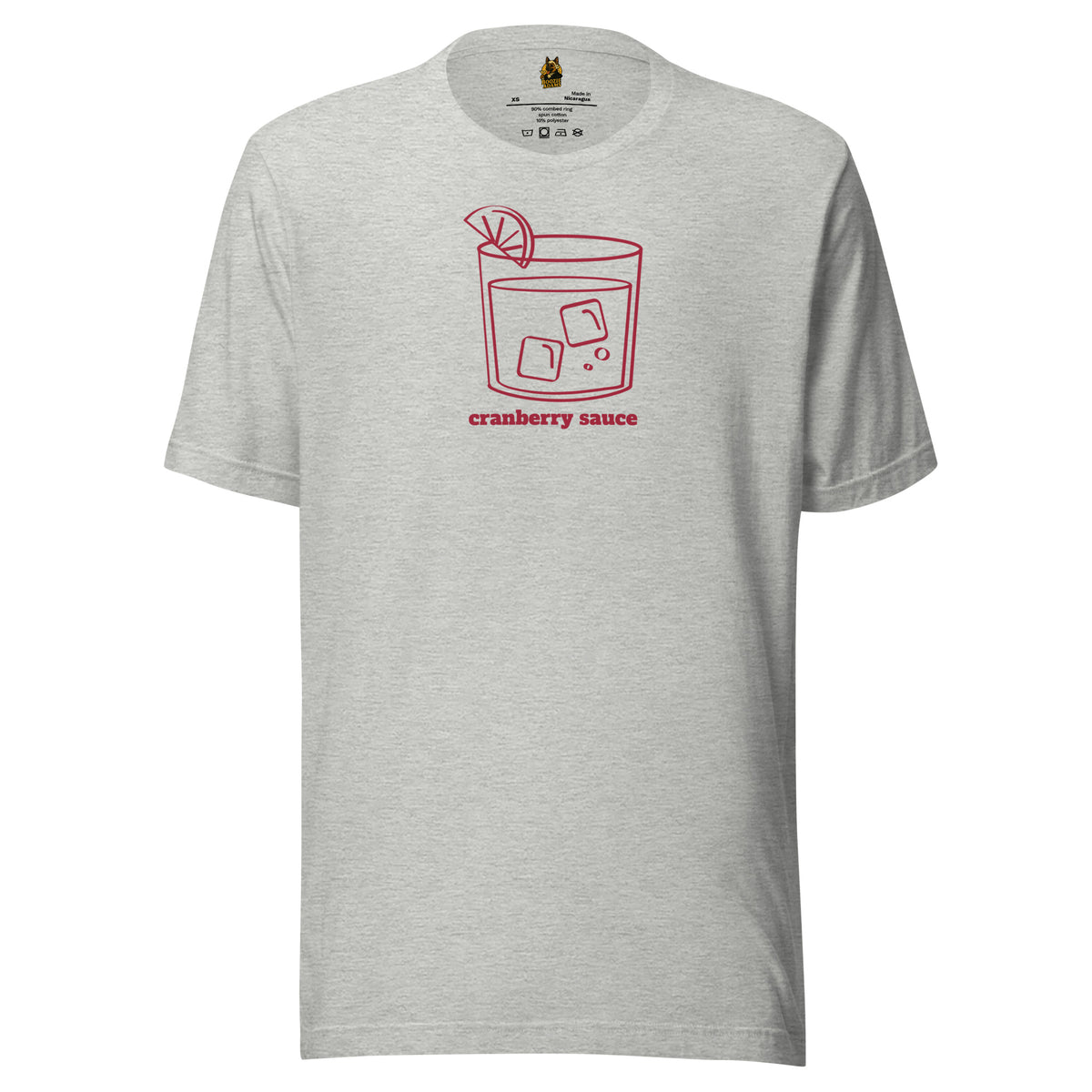 Grey unisex t-shirt with graphic of cocktail glass and text 'cranberry sauce' – Boozie Adams