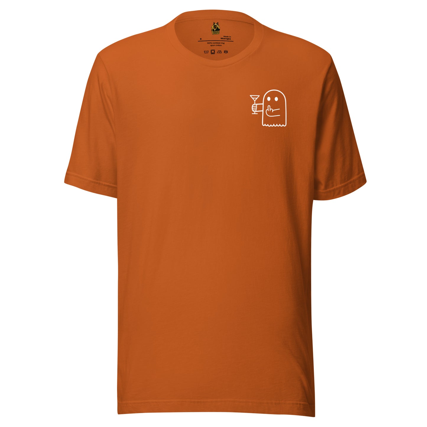 Orange unisex t-shirt with a small white ghost holding a martini glass and flipping the bird on the chest – Boozie Adams