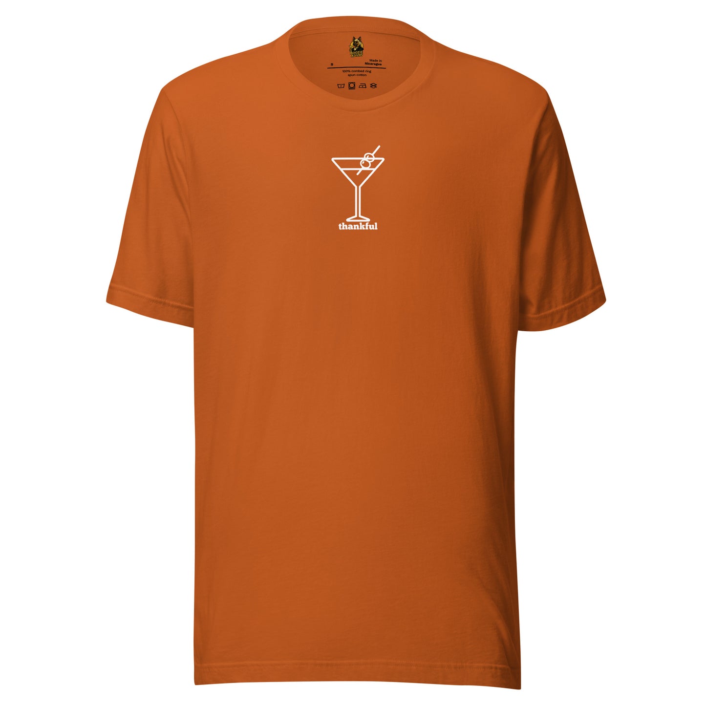 Orange unisex t-shirt with a cocktail graphic and 'thankful' text in white – Boozie Adams