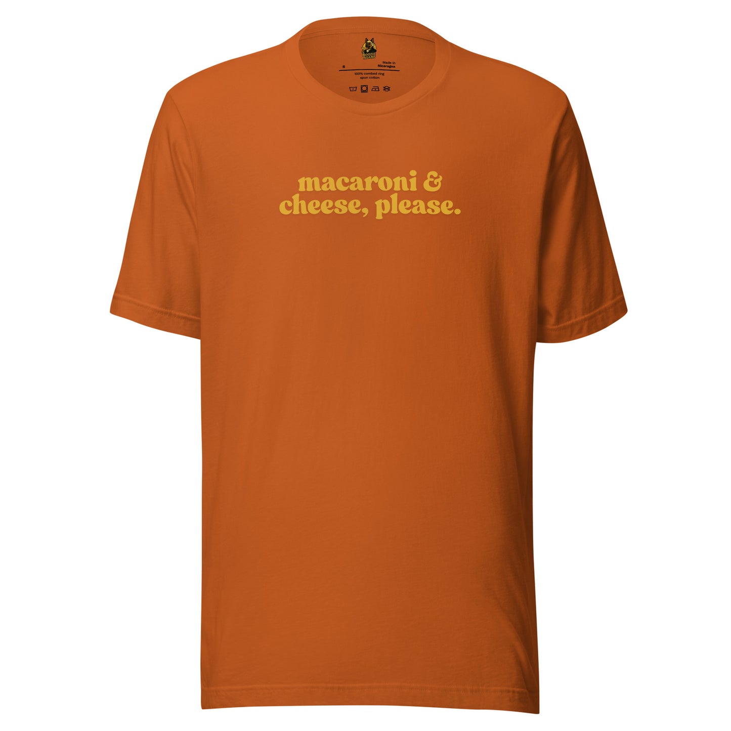Orange unisex t-shirt with 'macaroni & cheese, please.' text in yellow – Boozie Adams