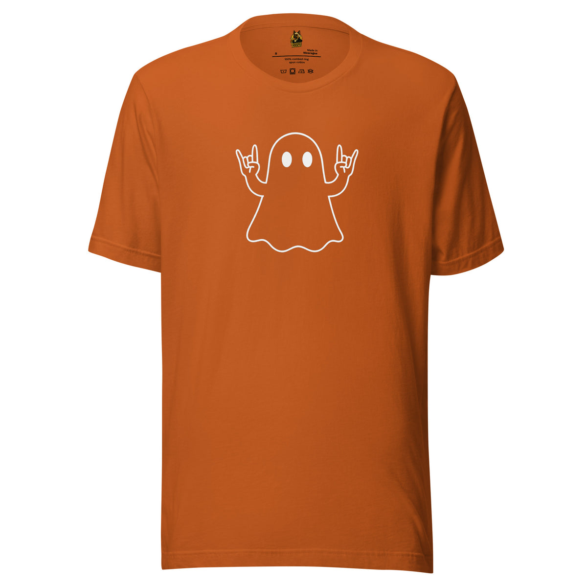 Burnt orange unisex t-shirt with a white ghost hold up the rock sign with hands graphic design – Boozie Adams