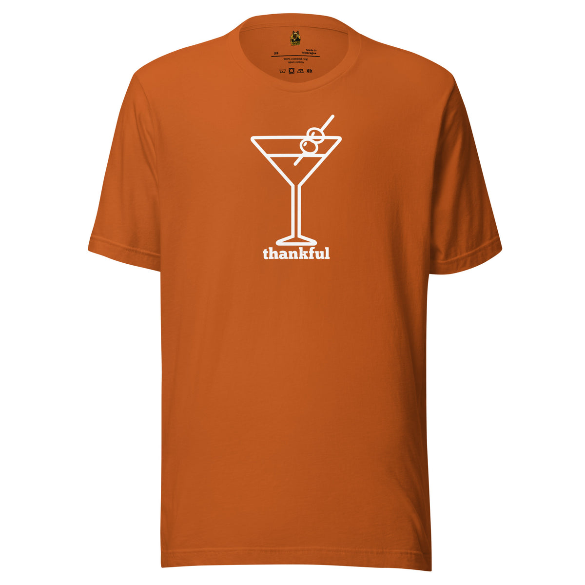 Orange unisex t-shirt with a cocktail graphic and 'thankful' text in white – Boozie Adams