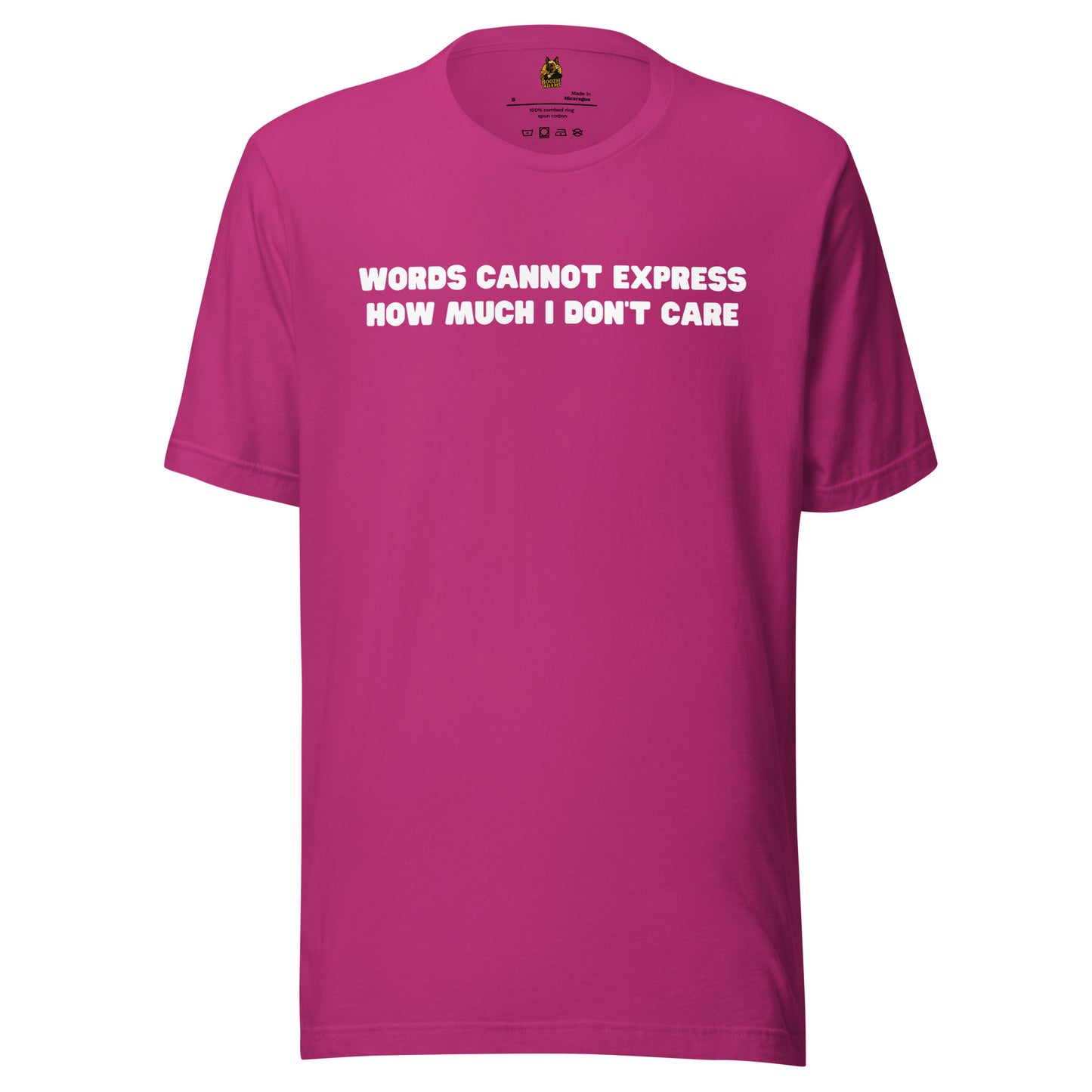 Berry unisex t-shirt with 'Words cannot express how much I don't care' text – Boozie Adams