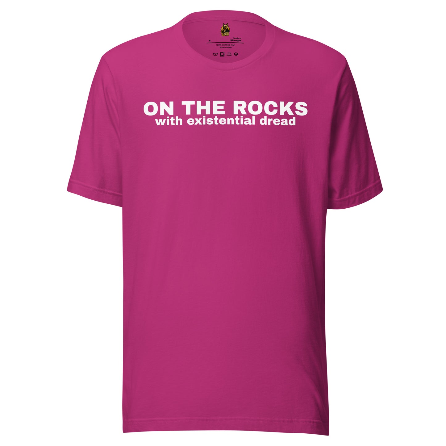 Berry unisex t-shirt with 'ON THE ROCKS with existential dread' text – Boozie Adams