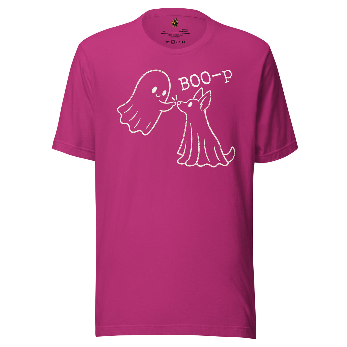 Berry unisex t-shirt with graphic of ghost booping ghost dog's nose and 'BOO-p' text – Boozie Adams