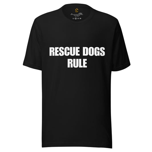 Black unisex t-shirt with 'RESCUE DOGS RULE' text on a white background – Boozie Adams