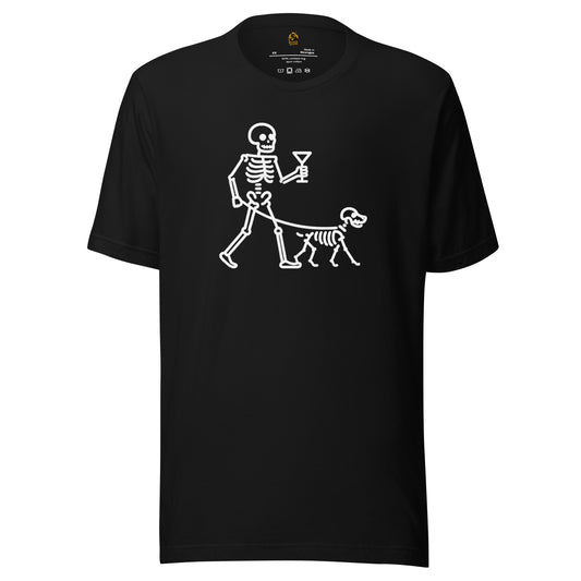 Black unisex t-shirt with a skeleton holding a martini and walking a dog graphic – Boozie Adams