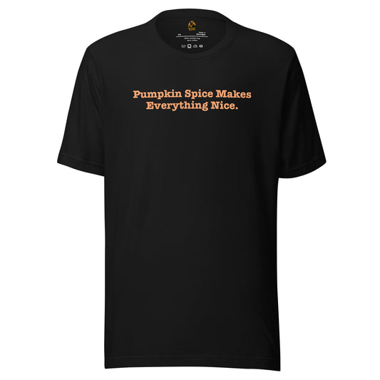 Black unisex t-shirt with 'Pumpkin Spice Makes Everything Nice' text in orange – Boozie Adams