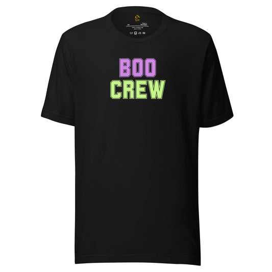 Black unisex t-shirt with 'BOO CREW' text in lavender and green – Boozie Adams