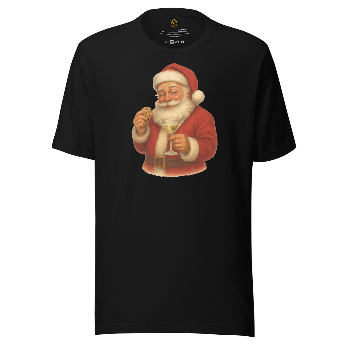 Black unisex t-shirt with a graphic of Santa Claus holding a martini glass and eating a cookie – Boozie Adams