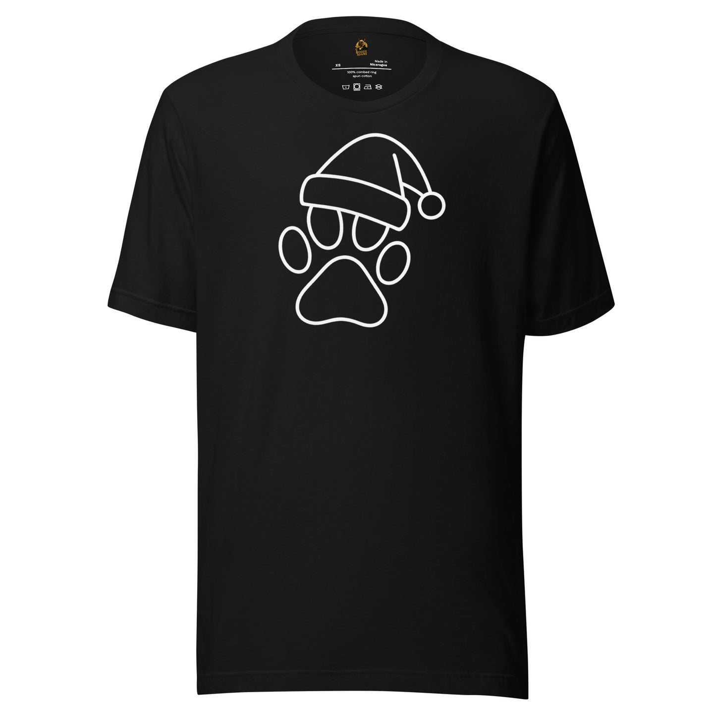 Black unisex t-shirt with a white paw print wearing a Santa hat in white – Boozie Adams