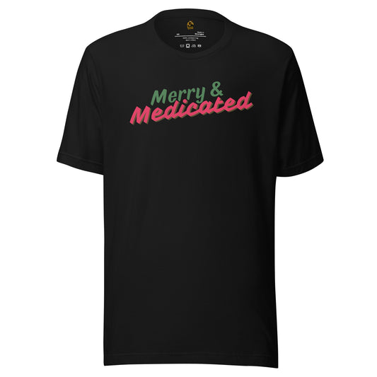 Black unisex t-shirt with 'Merry & Medicated' text in green and red – Boozie Adams