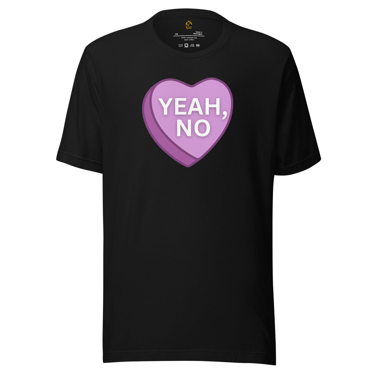 Black unisex t-shirt with a purple heart-shaped logo and 'YEAH, NO' text – Boozie Adams