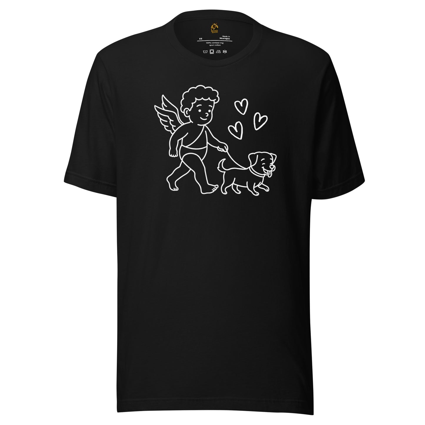 Black unisex t-shirt with white graphic of a cupid walking a dog – Boozie Adams
