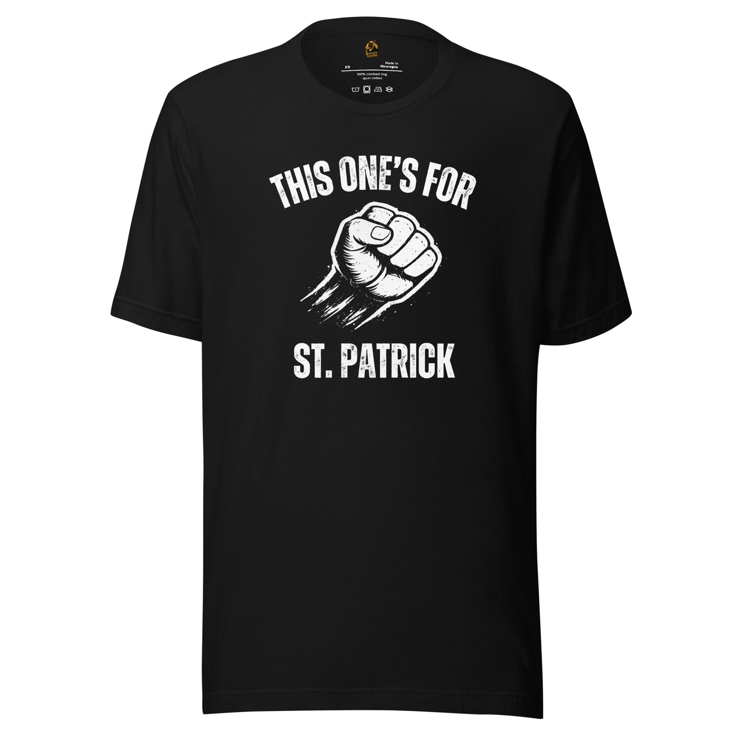 Black unisex t-shirt with white fist graphic and text 'This one's for St. Patrick' – Boozie Adams