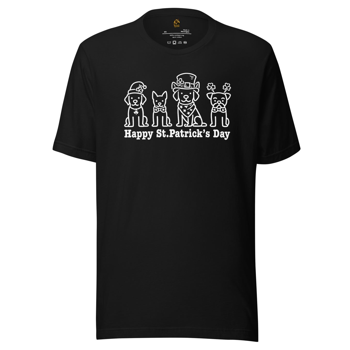 Black unisex t-shirt with white graphic of four dogs and 'Happy St. Patrick's Day' text – Boozie Adams