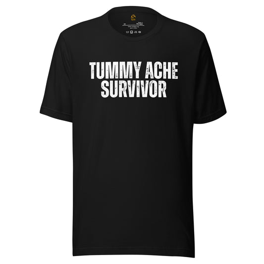 Black unisex t-shirt with 'TUMMY ACHE SURVIVOR' text – Boozie Adams