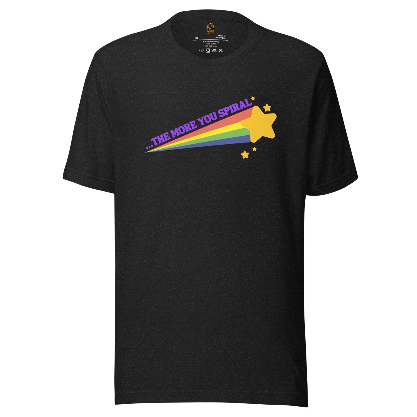 Dark Grey unisex t-shirt with a shooting star rainbow and 'the more you spiral' text – Boozie Adams
