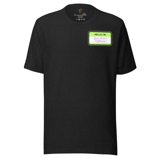 Black t-shirt with a green name tag graphic 'Hellow I'm Your Worst Nightmare' text – Boozie Adams