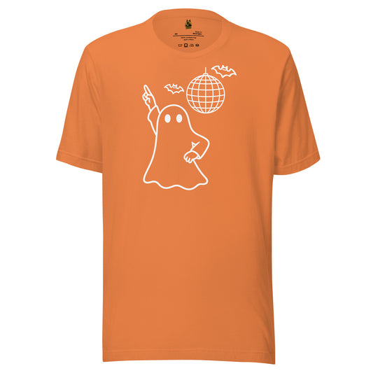 Orange unisex t-shirt with image of disco ghost, bats and disco ball – Boozie Adams