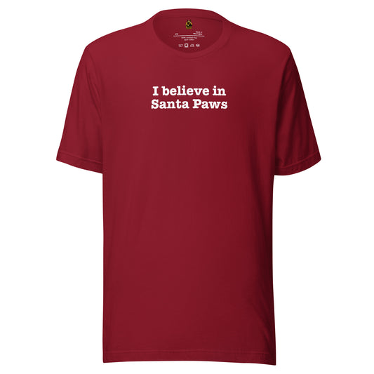 Maroon unisex t-shirt with 'I believe in Santa Paws' text in white – Boozie Adams
