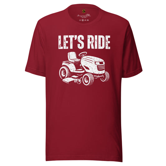 Red unisex t-shirt with white graphic of a riding lawn mower and 'Let's Ride' text – Boozie Adams