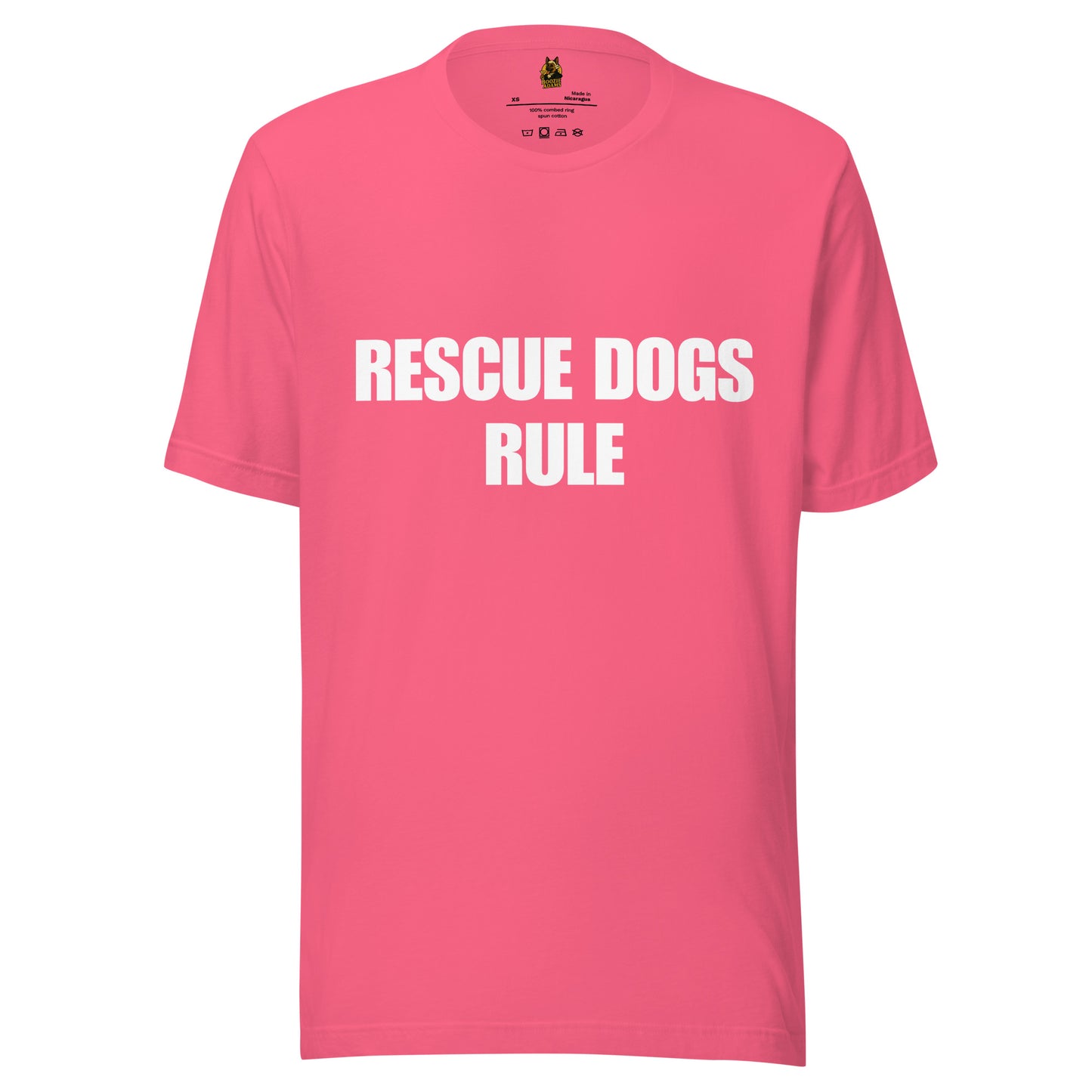 Pink unisex t-shirt with 'RESCUE DOGS RULE' text on a white background – Boozie Adams