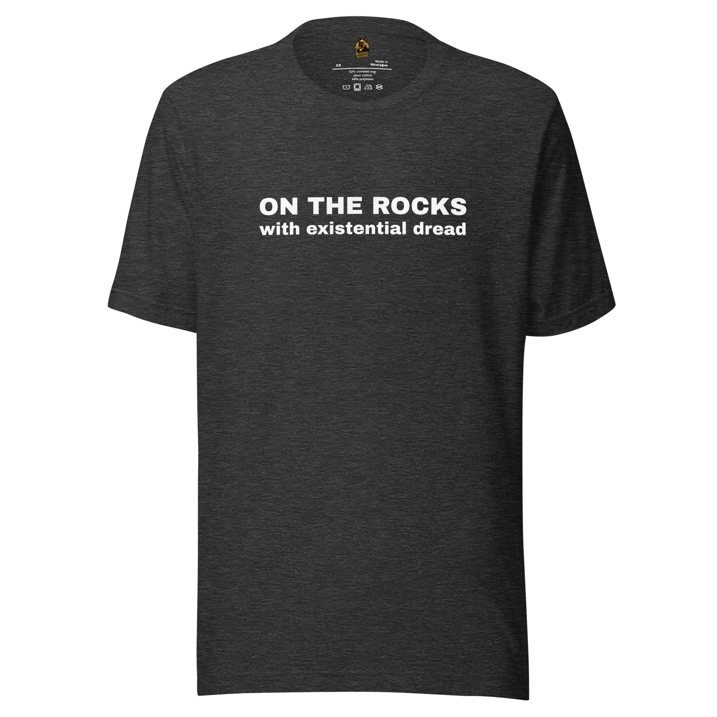 Dark gray unisex t-shirt with white text 'ON THE ROCKS with existential dread' – Boozie Adams